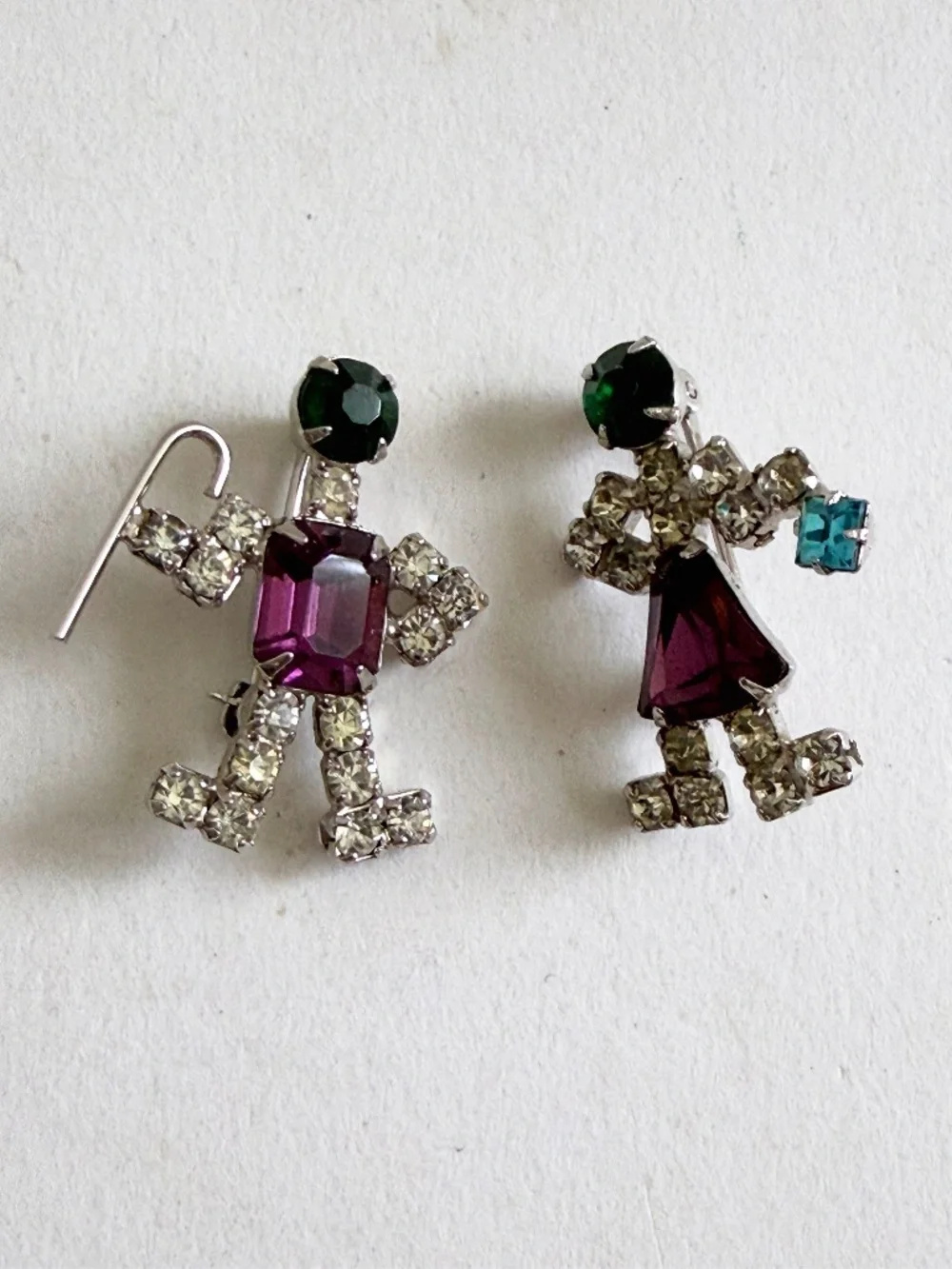 Vintage Unsigned Rhinestone Twins Figural Brooch Set of Two